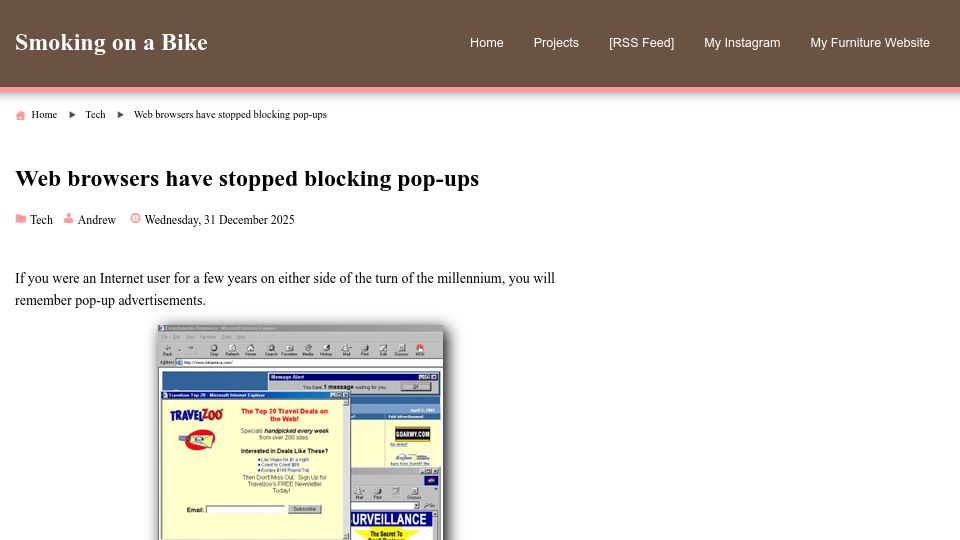 Screenshot of smokingonabike.com: Web Browsers have stopped blocking pop-ups