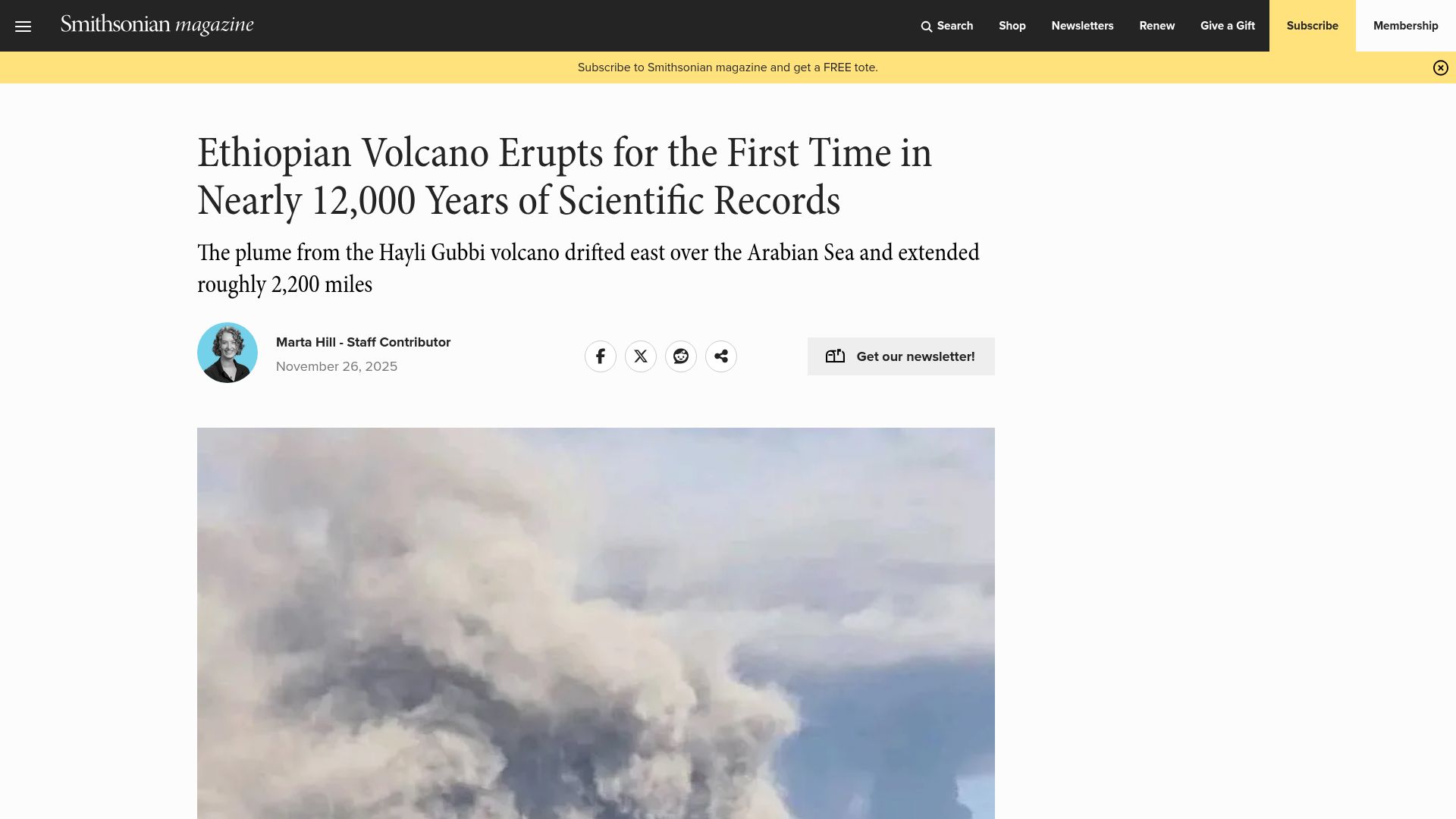 Screenshot of smithsonianmag.com: Ethiopian volcano erupts for first time in nearly 12k years of records