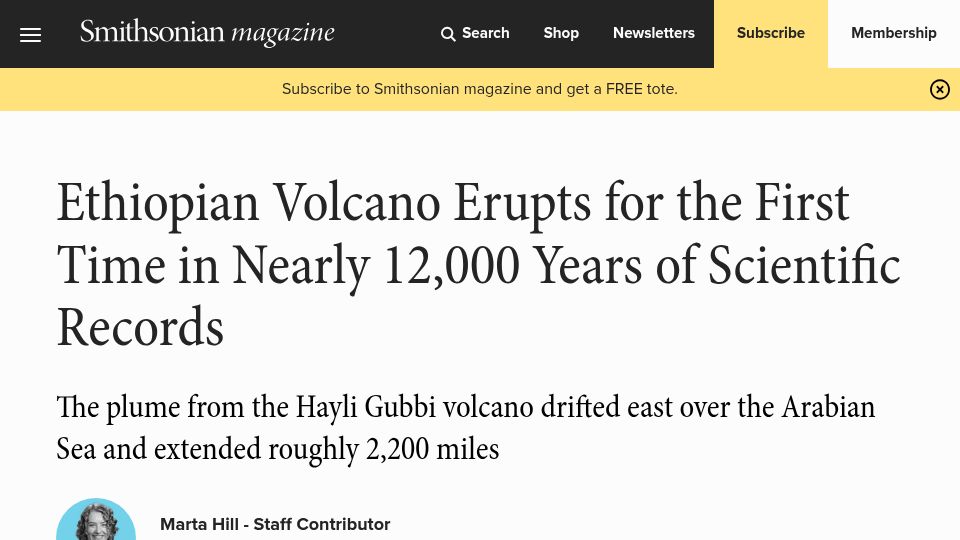 Screenshot of smithsonianmag.com: Ethiopian volcano erupts for first time in nearly 12k years of records