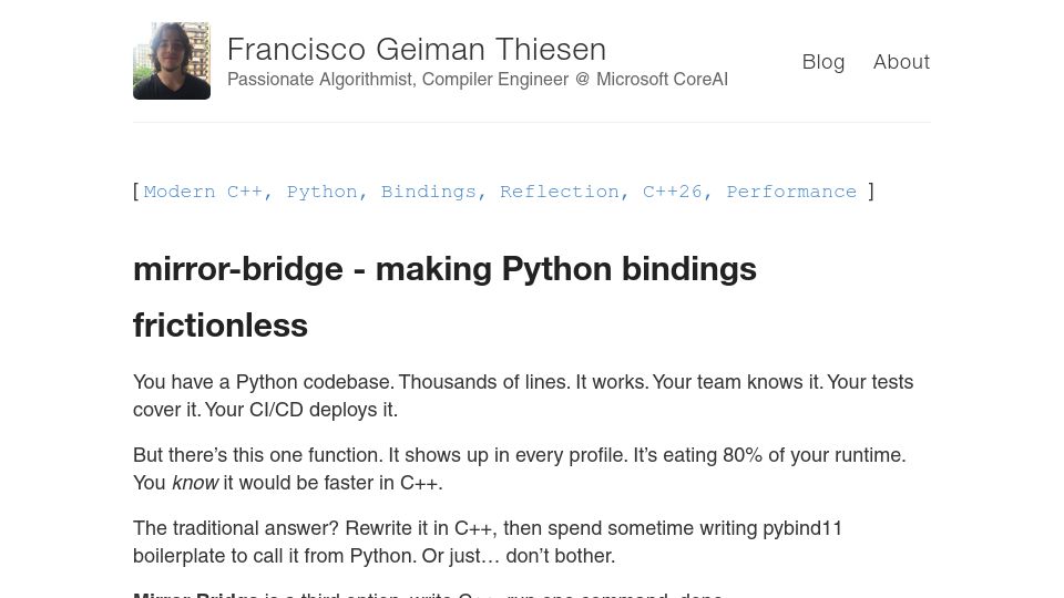 Screenshot of chico.dev: Mirror_bridge – C++ reflection for generating Python/JS/Lua bindings