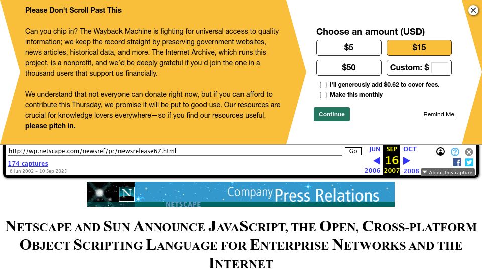 Screenshot of web.archive.org: 30 years ago today "Netscape and Sun announce JavaScript"
