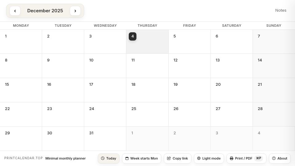 Screenshot of printcalendar.top: Show HN: A Minimal Monthly Task Planner (printable, offline, no signup)