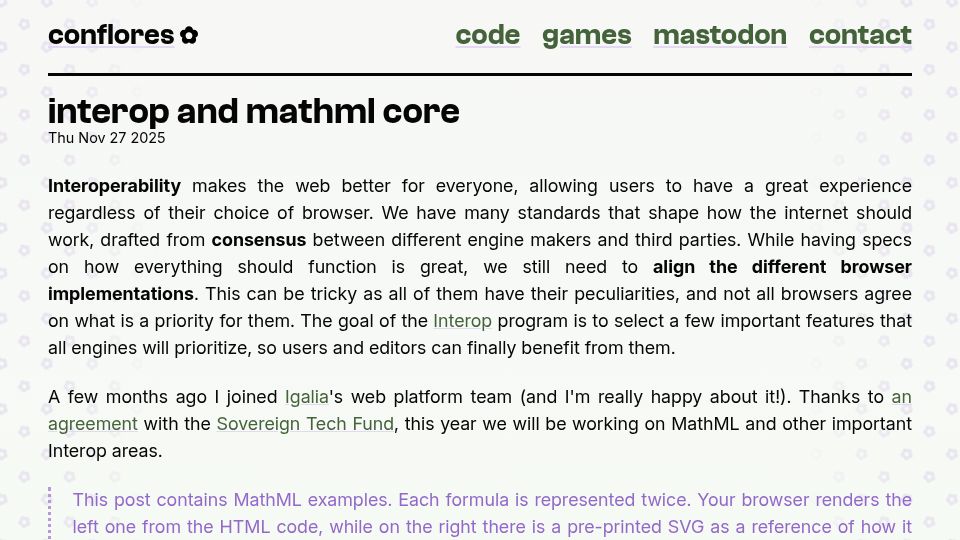 Screenshot of conflor.es: Interop and MathML Core