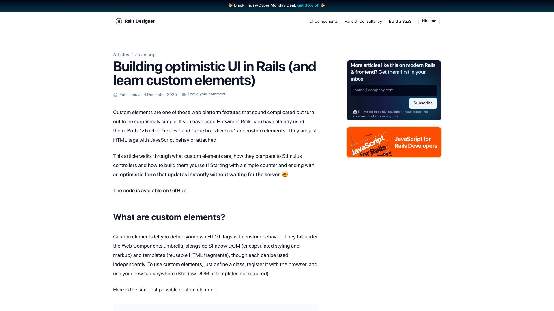 Screenshot of railsdesigner.com: Building optimistic UI in Rails (and learn custom elements)