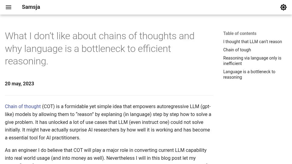 Screenshot of samsja.github.io: What I don’t like about chains of thoughts (2023)