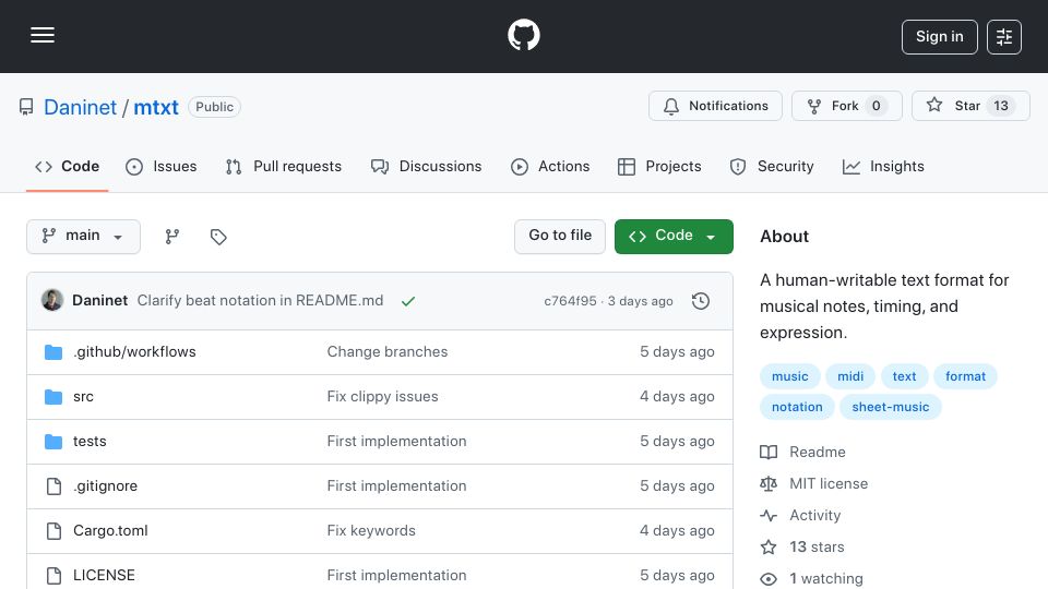 Screenshot of github.com: Show HN: MTXT – Music Text Format