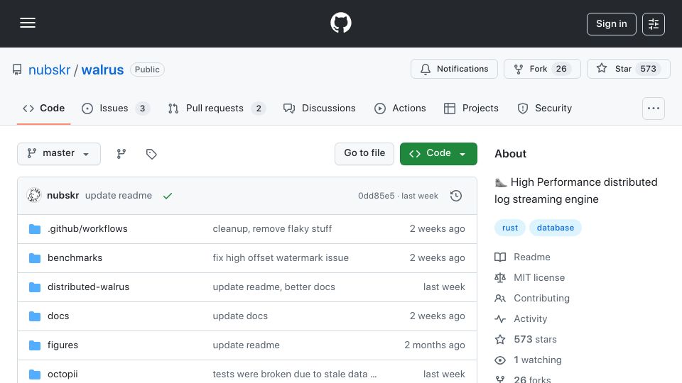 Screenshot of github.com: Show HN: Walrus – a Kafka alternative written in Rust