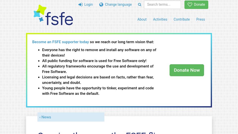 Screenshot of fsfe.org: The Free Software Foundation Europe deleted its account on X