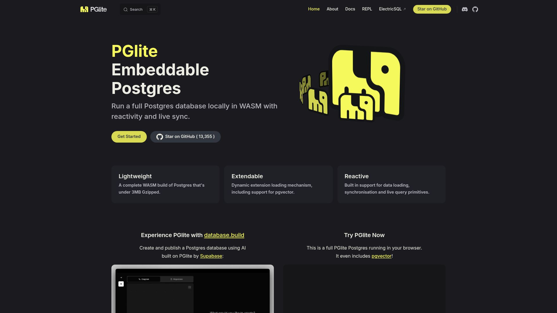 Screenshot of pglite.dev: PGlite – Embeddable Postgres