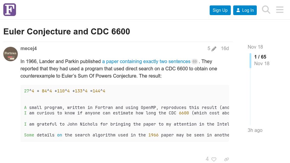 Screenshot of fortran-lang.discourse.group: Euler Conjecture and CDC 6600