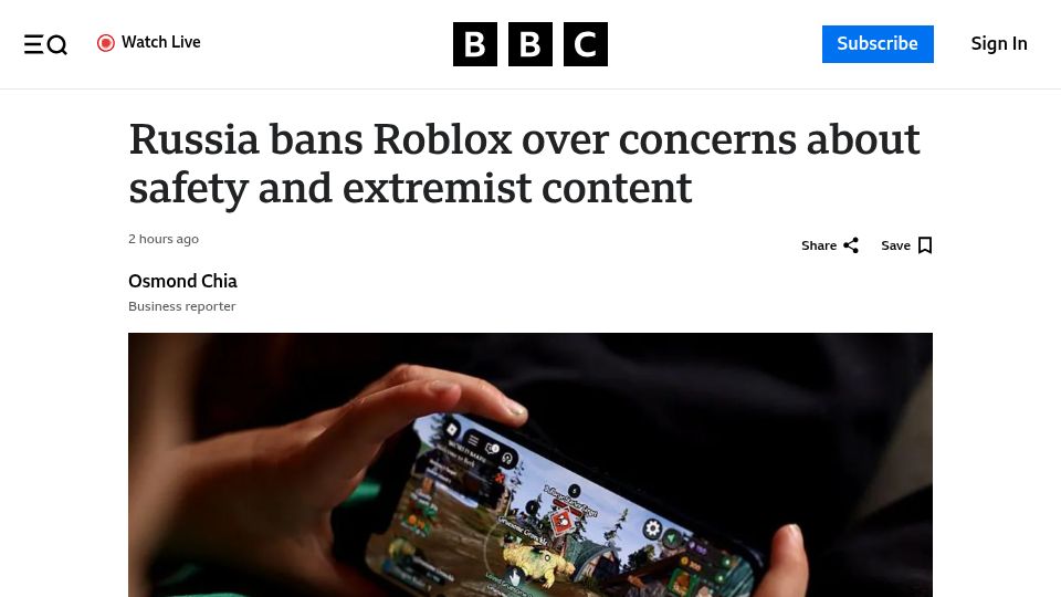 Screenshot of bbc.com: Russia Bans Roblox