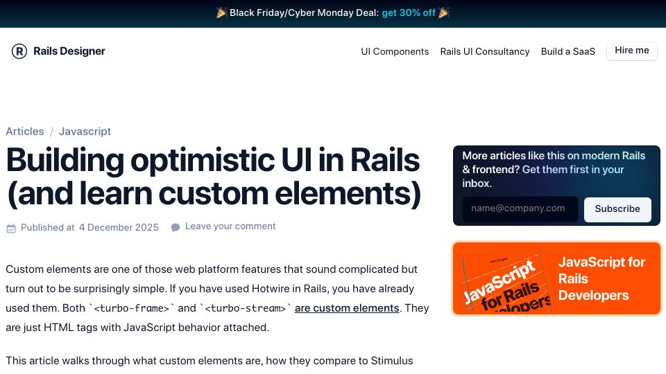 Screenshot of railsdesigner.com: Building optimistic UI in Rails (and learn custom elements)