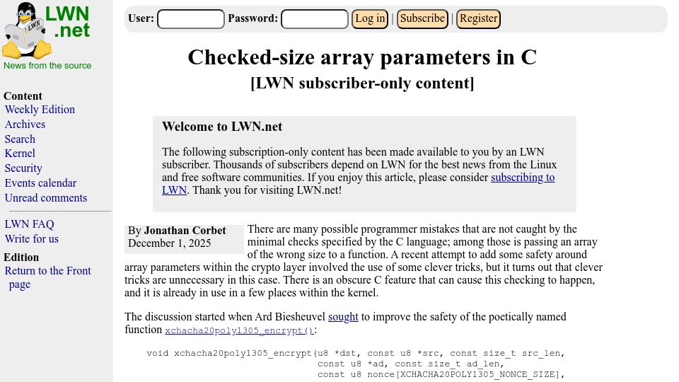 Screenshot of lwn.net: Checked-size array parameters in C