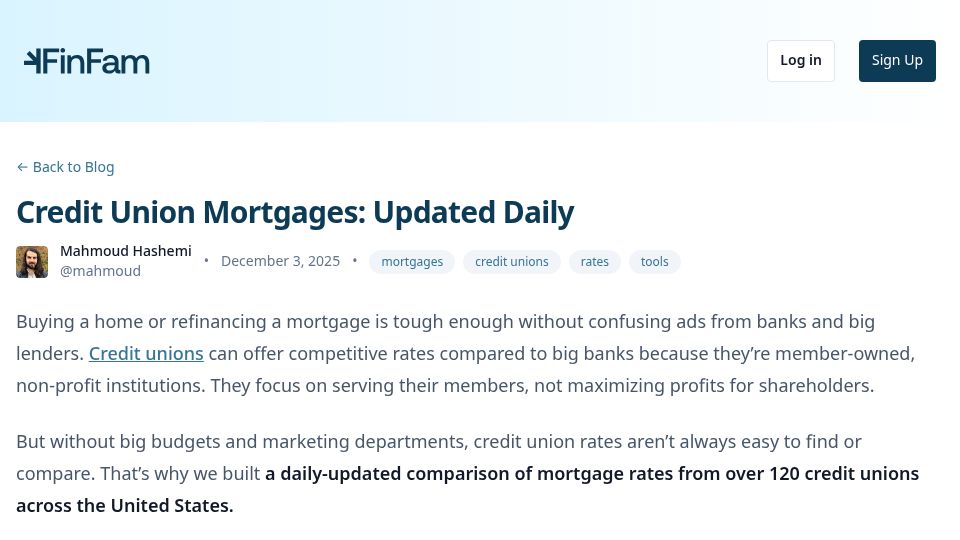 Screenshot of finfam.app: Show HN: I built a dashboard to compare mortgage rates across 120 credit unions