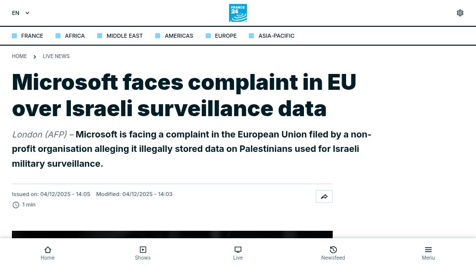 Screenshot of france24.com: Microsoft faces complaint in EU over Israeli surveillance data