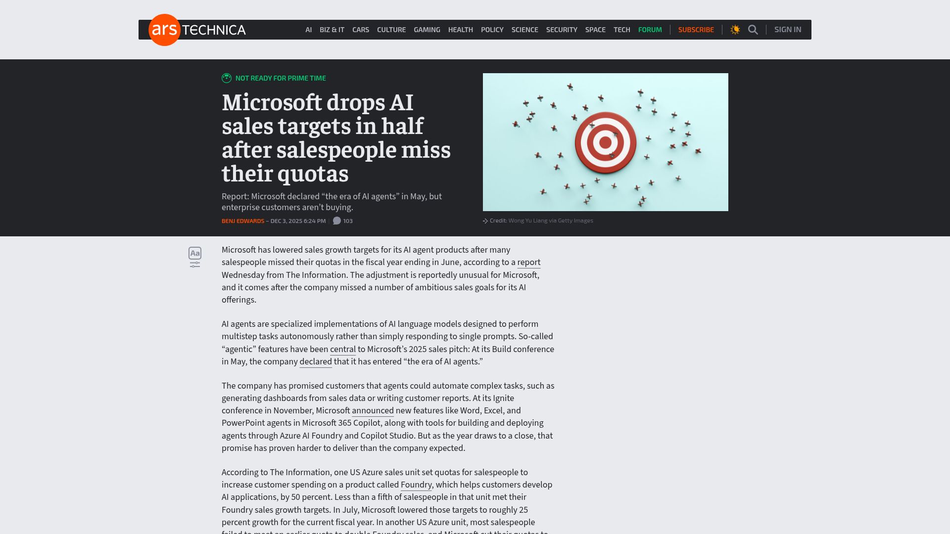 Screenshot of arstechnica.com: Microsoft drops AI sales targets in half after salespeople miss their quotas