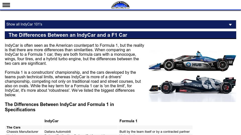Screenshot of openwheelworld.net: The differences between an IndyCar and a F1 car