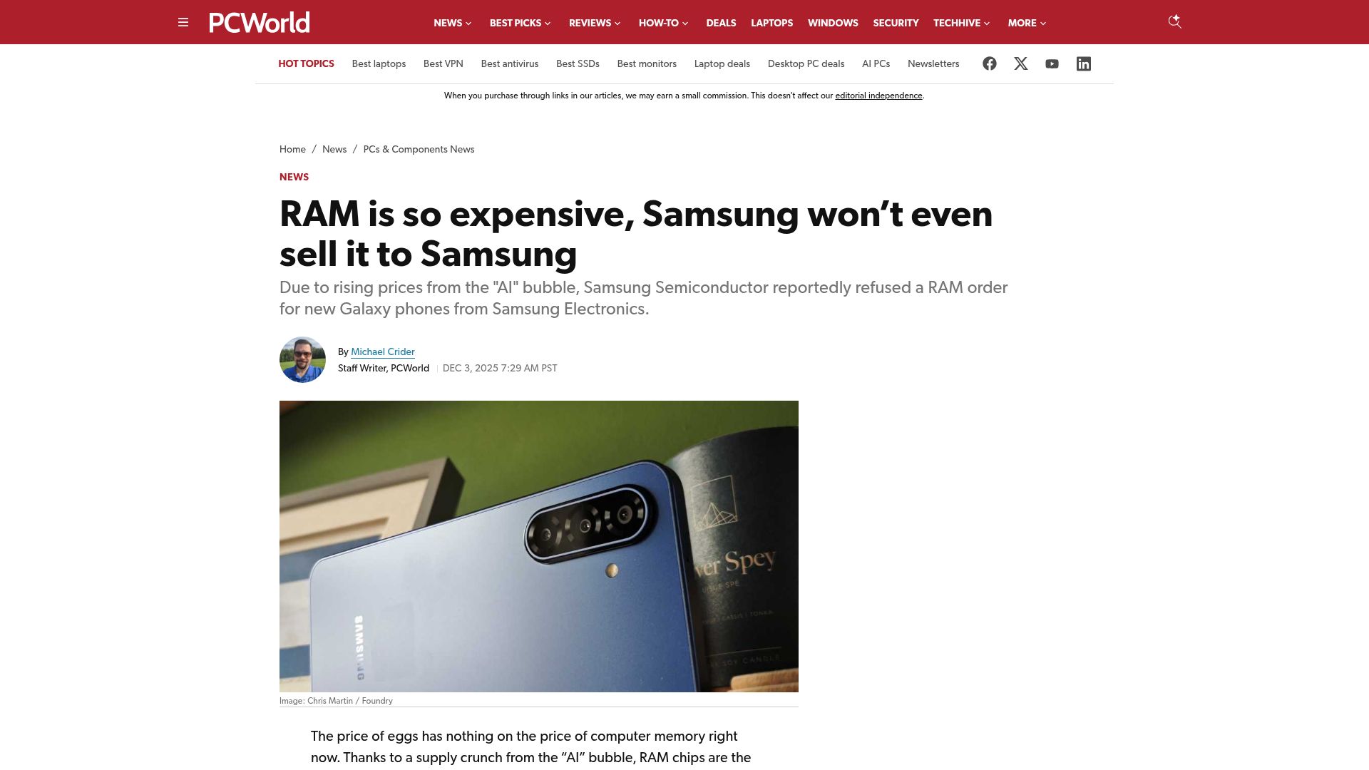 Screenshot of pcworld.com: RAM is so expensive, Samsung won't even sell it to Samsung