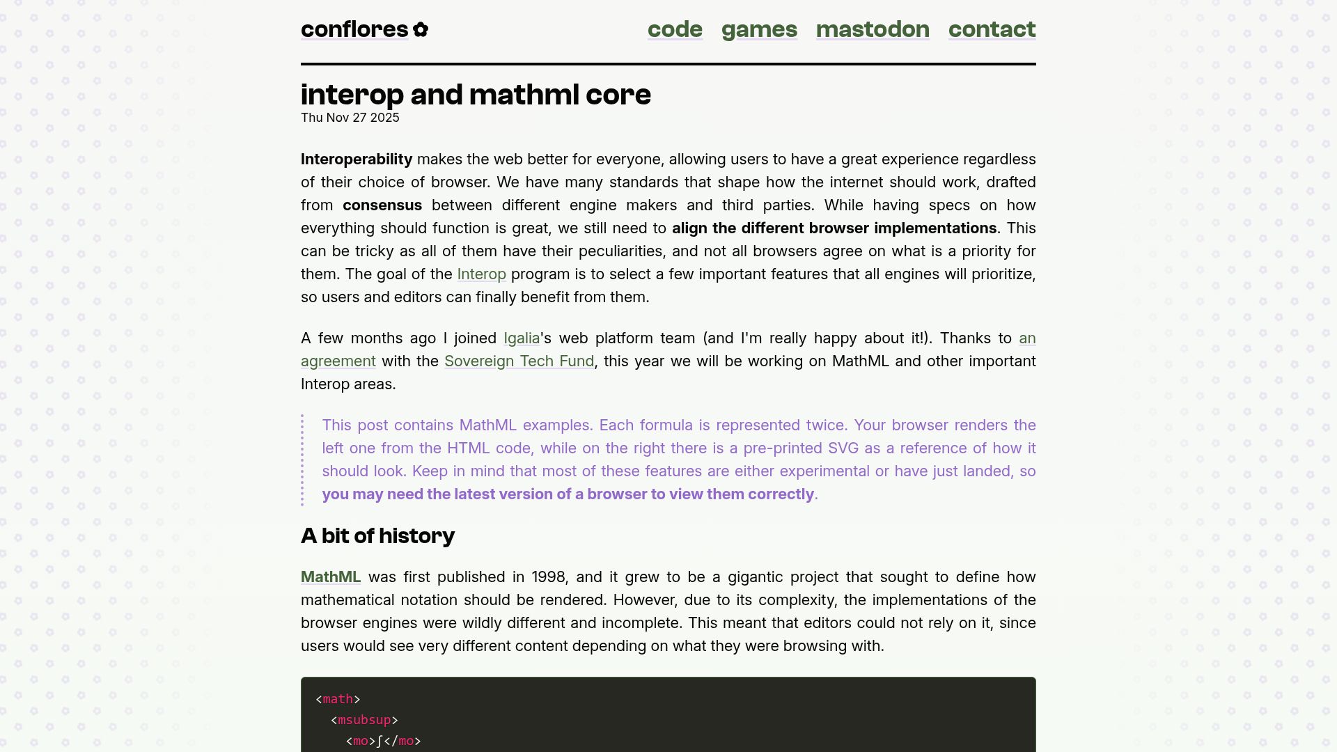 Screenshot of conflor.es: Interop and MathML Core
