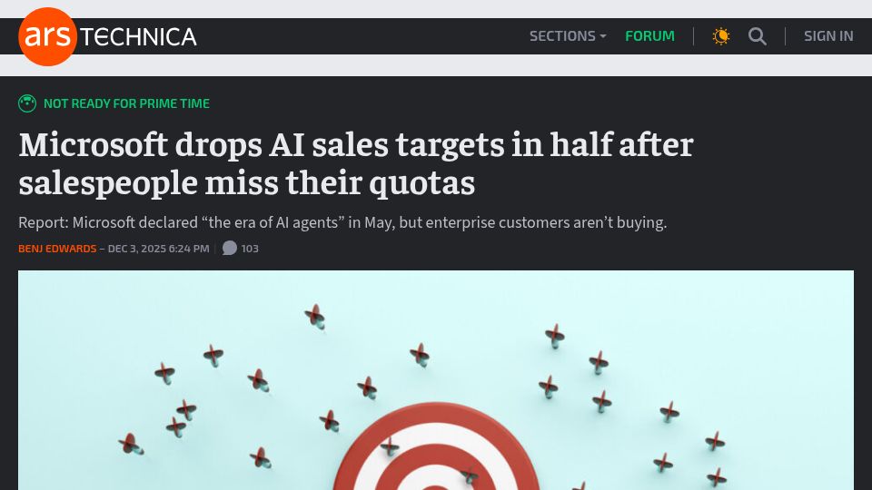 Screenshot of arstechnica.com: Microsoft drops AI sales targets in half after salespeople miss their quotas