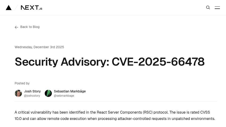 Screenshot of nextjs.org: NextJS Security Vulnerability