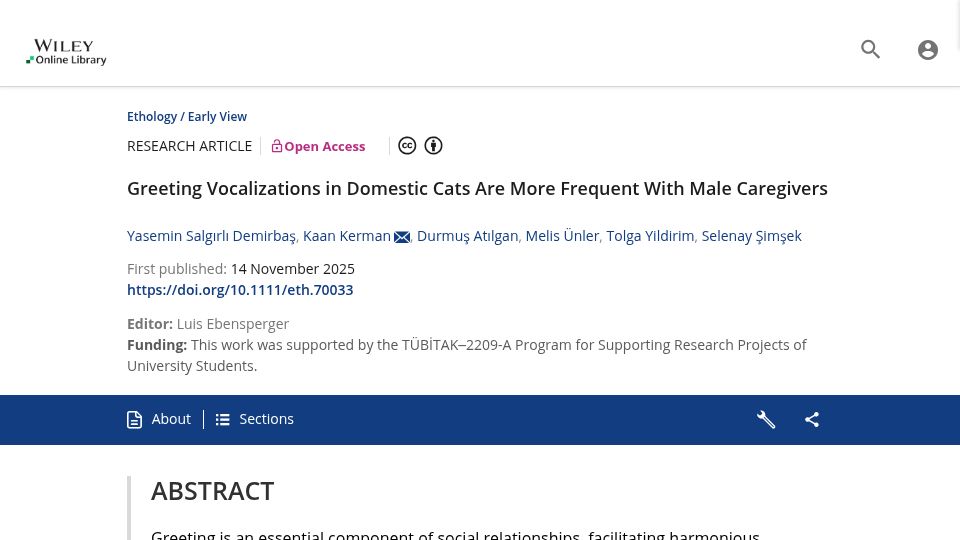 Screenshot of onlinelibrary.wiley.com: Greeting Vocalizations in Domestic Cats Are More Frequent with Male Caregivers