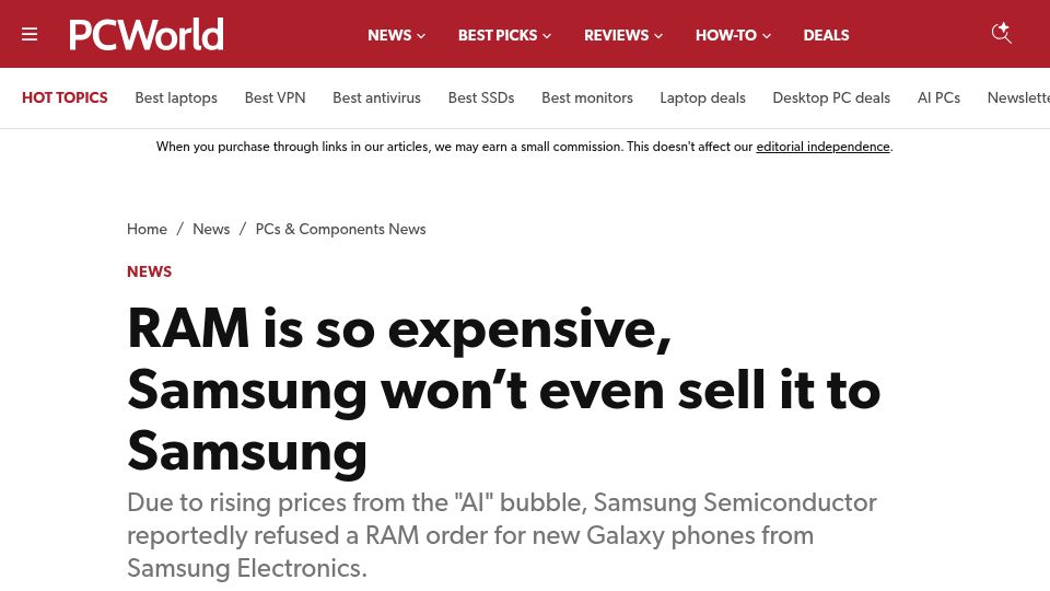 Screenshot of pcworld.com: RAM is so expensive, Samsung won't even sell it to Samsung