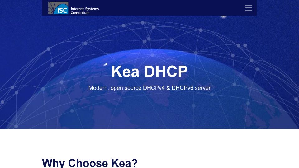 Screenshot of isc.org: Kea DHCP: Modern, open source DHCPv4 and DHCPv6 server