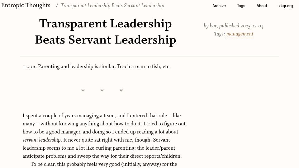 Screenshot of entropicthoughts.com: Transparent leadership beats servant leadership