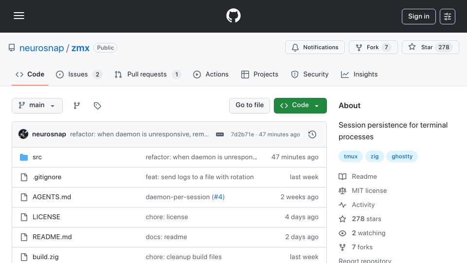 Screenshot of github.com: Zmx: Session Persistence for Terminal Processes