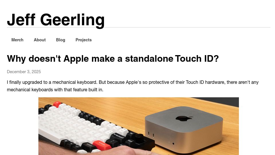 Screenshot of jeffgeerling.com: Why doesn't Apple make a standalone Touch ID?