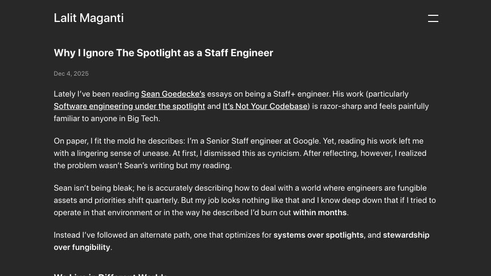 Screenshot of lalitm.com: I ignore the spotlight as a staff engineer