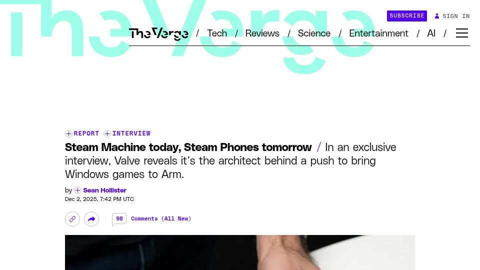 Screenshot of theverge.com: Valve reveals it’s the architect behind a push to bring Windows games to Arm