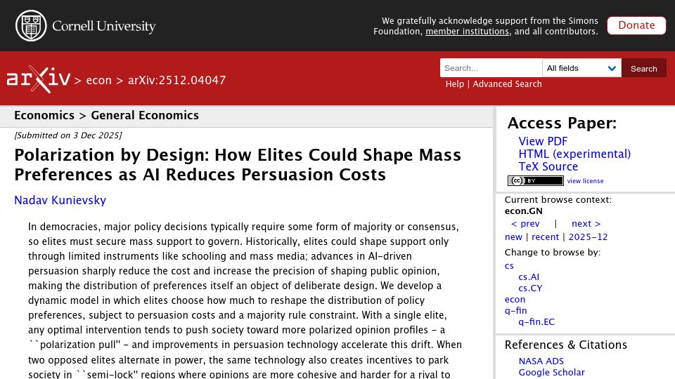 Screenshot of arxiv.org: How elites could shape mass preferences as AI reduces persuasion costs