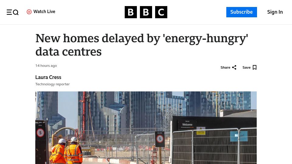Screenshot of bbc.com: The rapid growth of data centres is delaying new homes in London