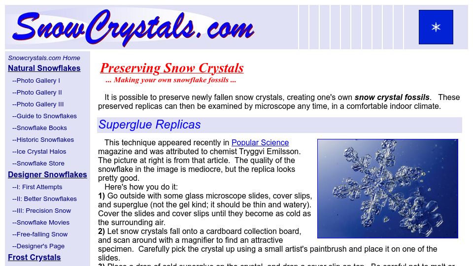 Screenshot of its.caltech.edu: Preserving Snow Crystals