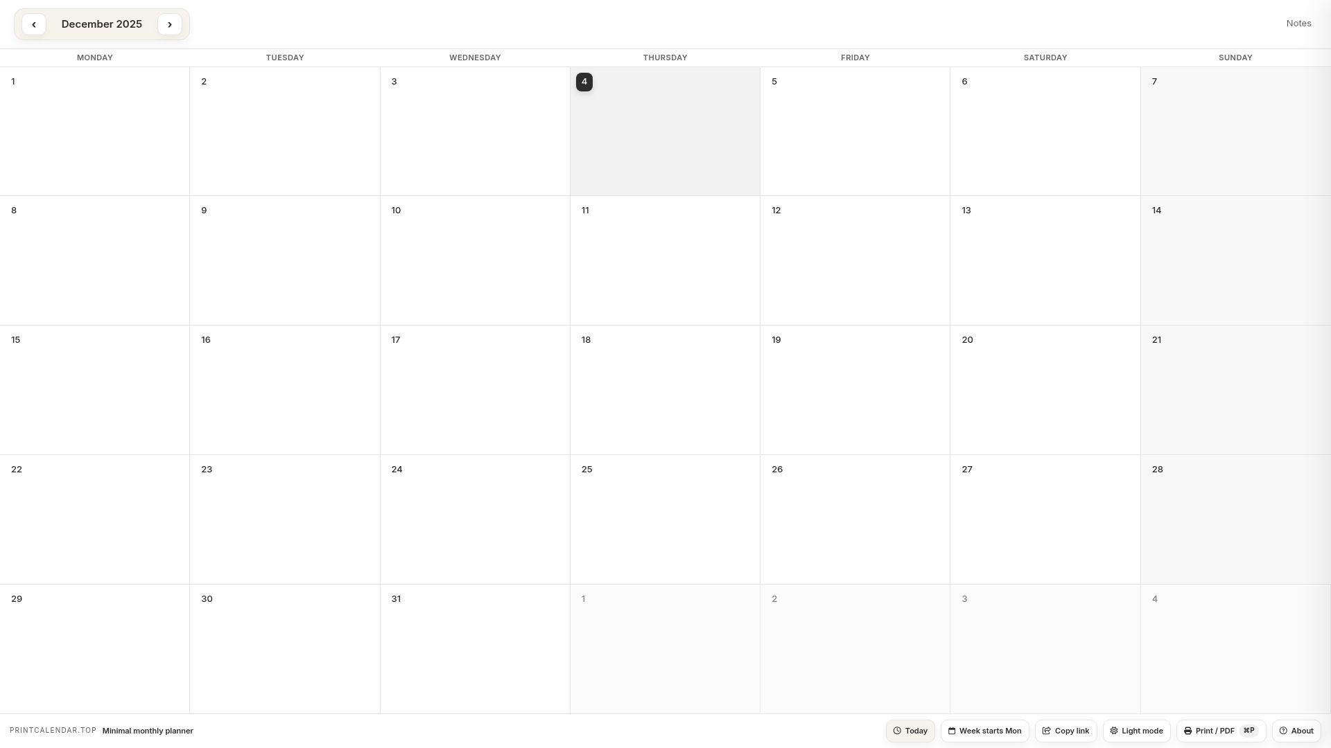 Screenshot of printcalendar.top: Show HN: A Minimal Monthly Task Planner (printable, offline, no signup)