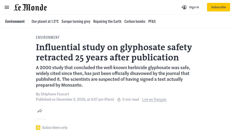 Screenshot of lemonde.fr: Influential study on glyphosate safety retracted 25 years after publication