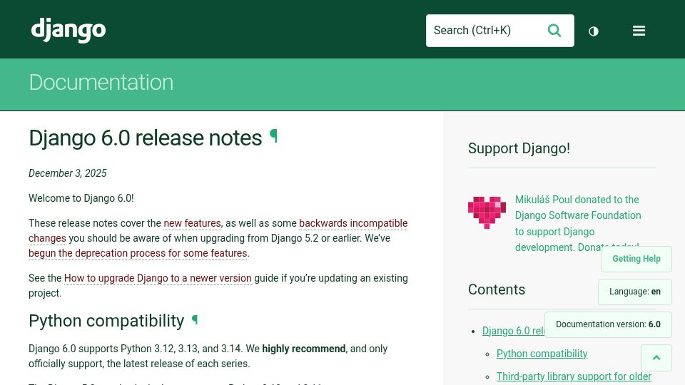 Screenshot of docs.djangoproject.com: Django 6