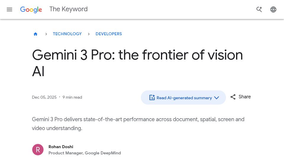 Screenshot of blog.google: Gemini 3 Pro: the frontier of vision AI