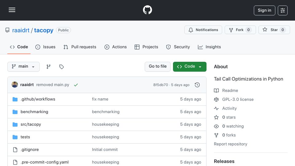 Screenshot of github.com: Show HN: Tacopy – Tail Call Optimization for Python