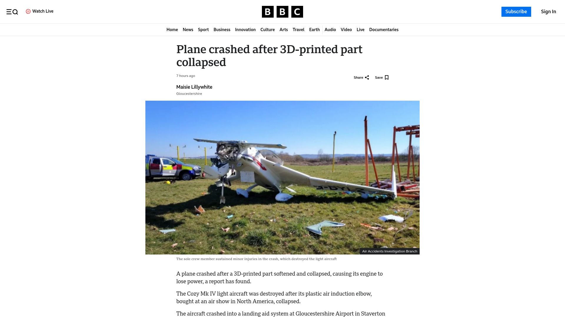 Screenshot of bbc.com: A Cozy Mk IV light aircraft crashed after 3D-printed part was weakened by heat