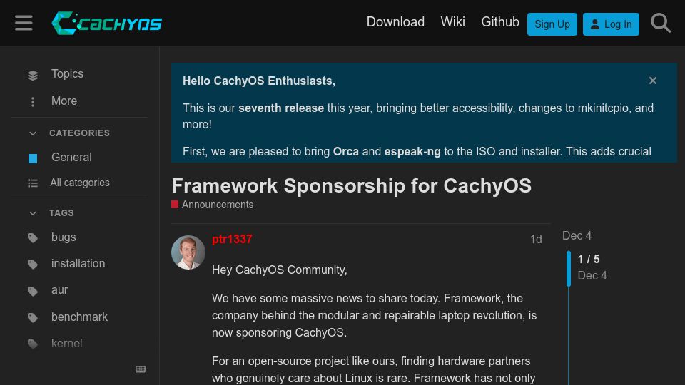 Screenshot of discuss.cachyos.org: Framework Sponsors CachyOS