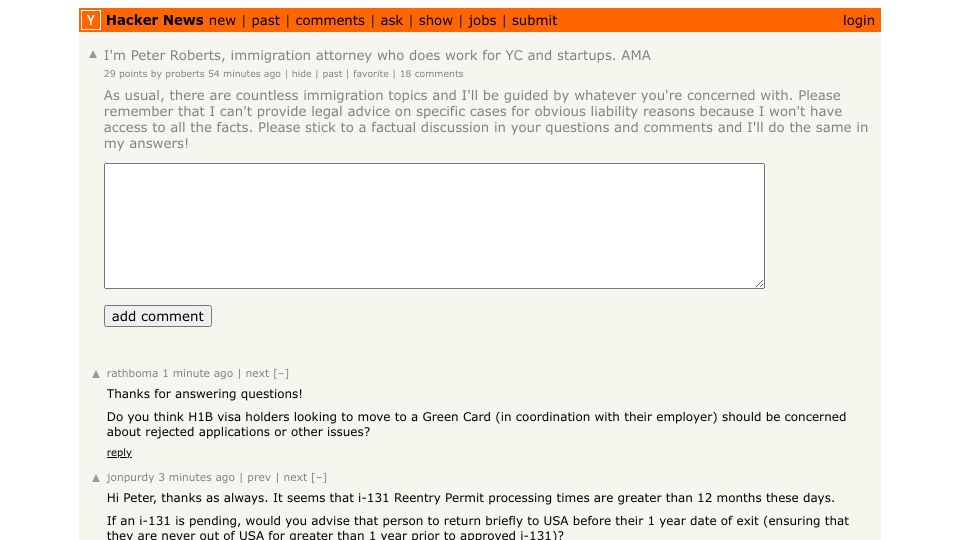 Screenshot of Hacker News post: I'm Peter Roberts, immigration attorney who does work for YC and startups. AMA