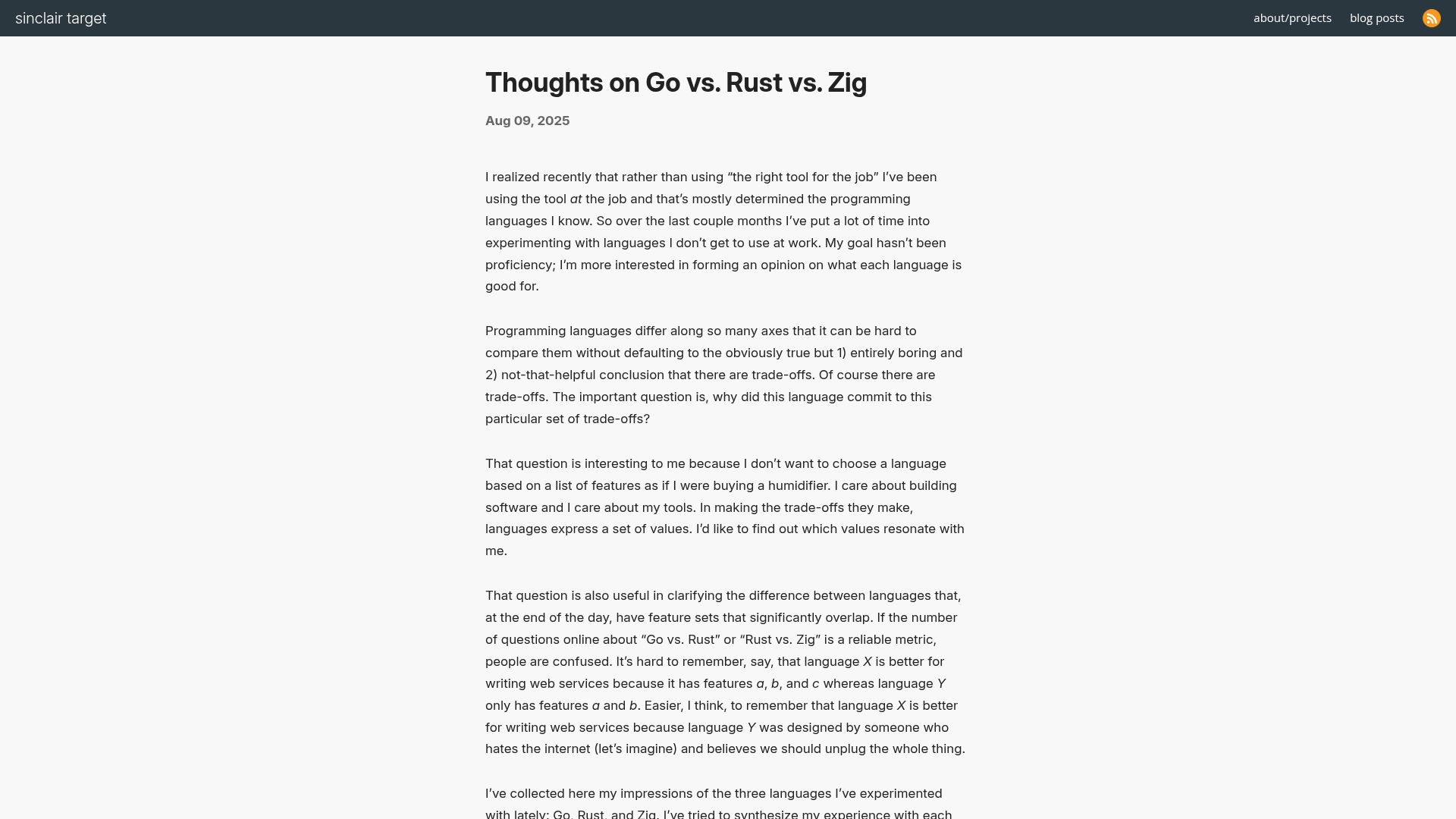 Screenshot of sinclairtarget.com: Thoughts on Go vs. Rust vs. Zig
