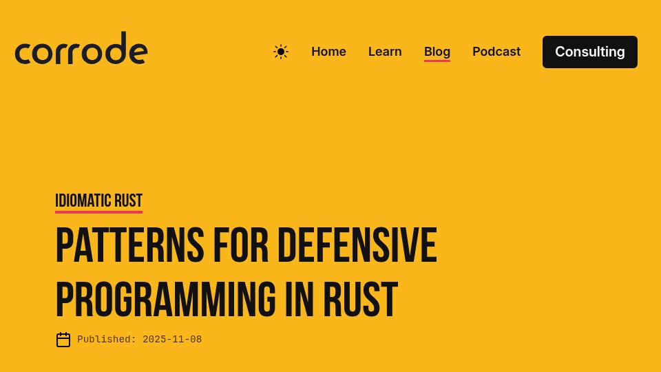 Screenshot of corrode.dev: Patterns for Defensive Programming in Rust