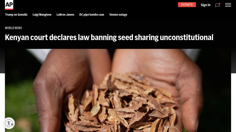 Screenshot of apnews.com: Kenyan court declares law banning seed sharing unconstitutional