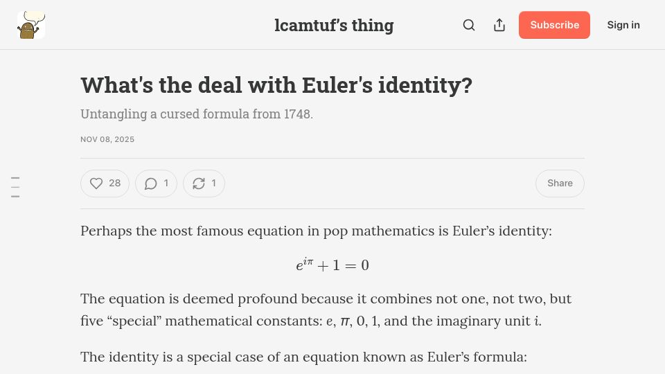 Screenshot of lcamtuf.substack.com: What's the deal with Euler's identity?