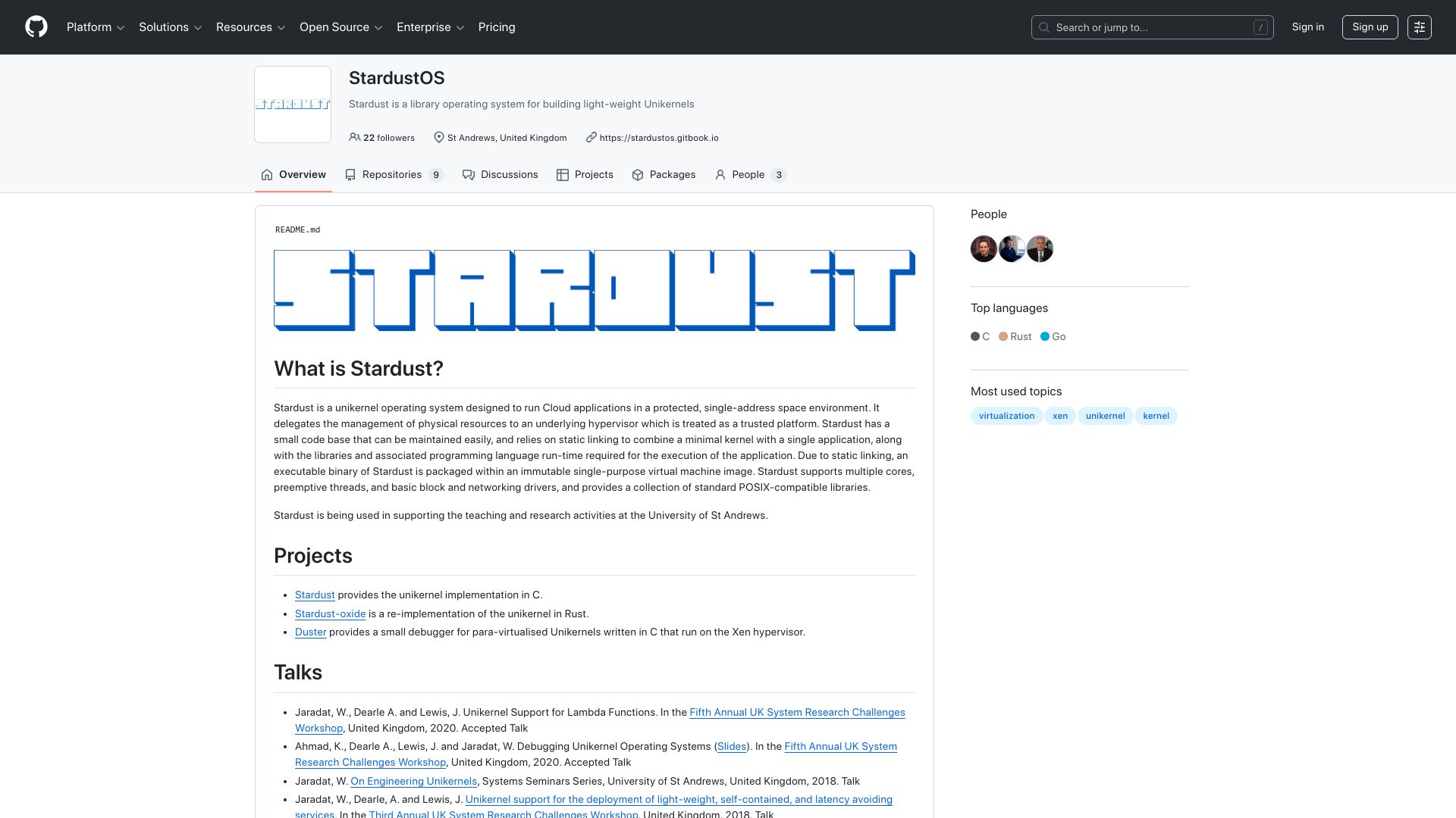 Screenshot of github.com: StardustOS: Library operating system for building light-weight Unikernels