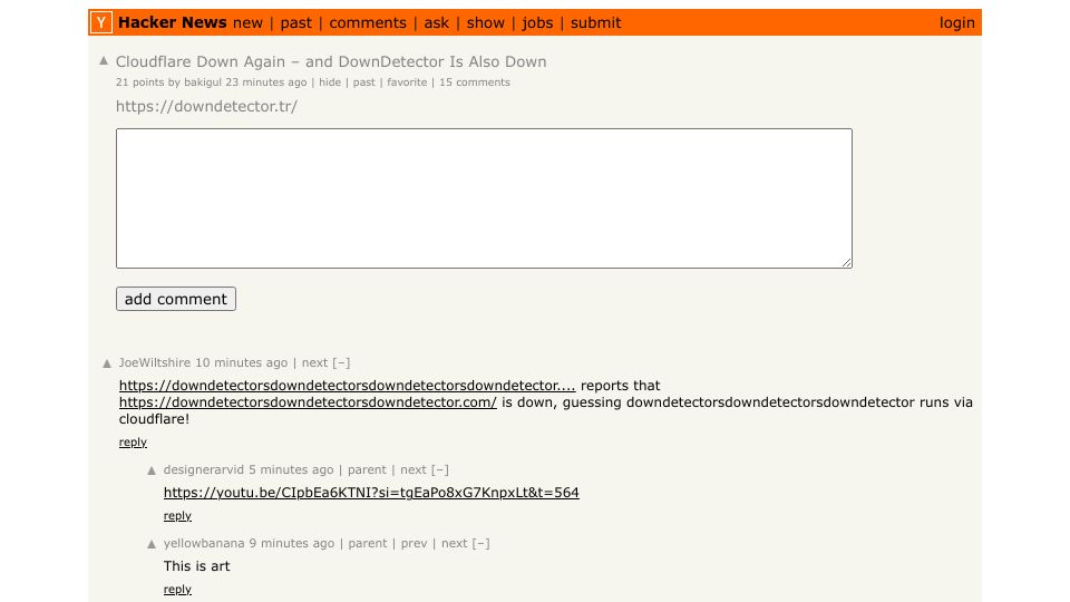 Screenshot of Hacker News post: Cloudflare Down Again – and DownDetector Is Also Down